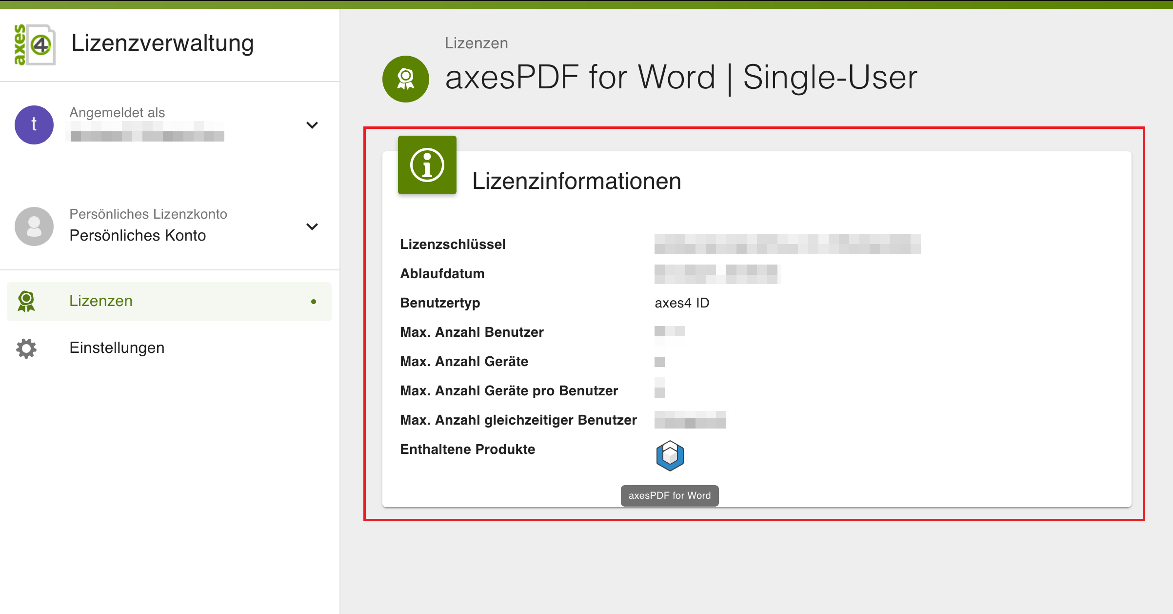 Rot markierte Karte „Lizenzinformationen“ zur ausgewählten Lizenz mit Lizenzschlüssel, Ablaufdatum, Benutzertyp, Benutzer- und Gerätelimits sowie enthaltenen Produkten.