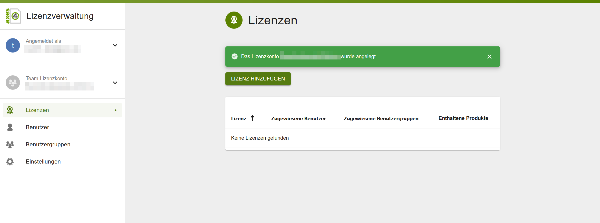 Lizenzverwaltung im neuen Team-Lizenzkonto mit der Erfolgsmeldung „Das Lizenzkonto … wurde angelegt“ und einer leeren Lizenzliste.