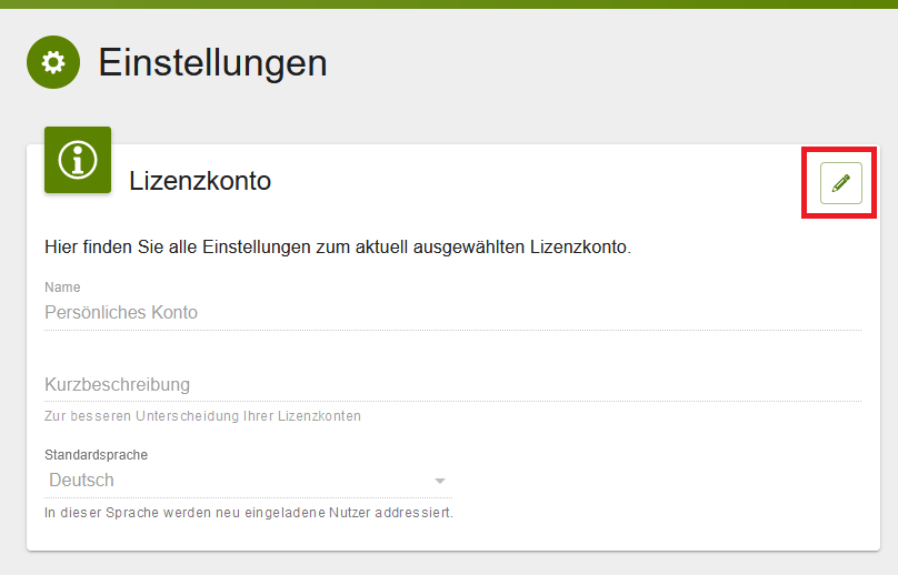 Karte „Lizenzkonto“ in den Einstellungen mit Name, Kurzbeschreibung und Standardsprache, das Stiftsymbol zum Editieren ist rot markiert.