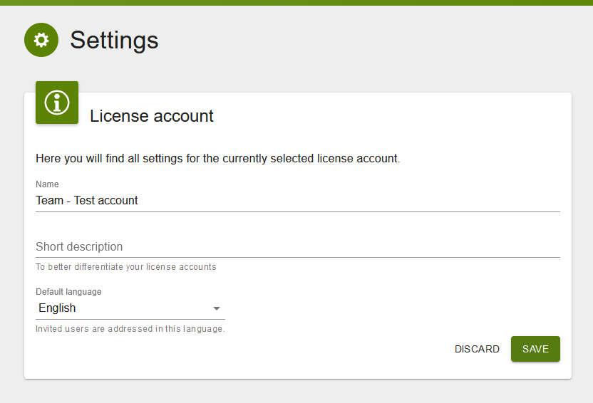 “License account” card in edit mode with editable fields for name, short description and default language, and the buttons “Discard” and “Save”.