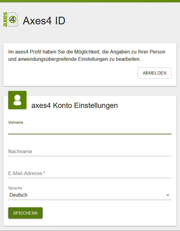 Seite „axes4 ID“ mit Schaltfläche „Abmelden“ und der Karte „axes4 Konto Einstellungen“ mit den Feldern Vorname, Nachname, E-Mail-Adresse und Sprache sowie der Schaltfläche „Speichern“.