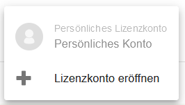 Geöffnetes Aufklappmenü „Lizenzkonto“ mit dem Eintrag „Persönliches Konto“ und der Option „Lizenzkonto eröffnen“.