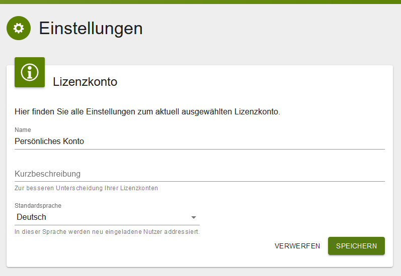 Karte „Lizenzkonto“ im Bearbeitungsmodus mit editierbaren Feldern Name, Kurzbeschreibung und Standardsprache sowie den Schaltflächen „Verwerfen“ und „Speichern“.