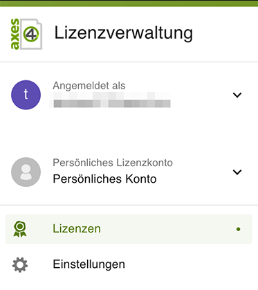 Menüleiste der Lizenzverwaltung im persönlichen Lizenzkonto mit den Menüpunkten „Lizenzen“ und „Einstellungen“.
