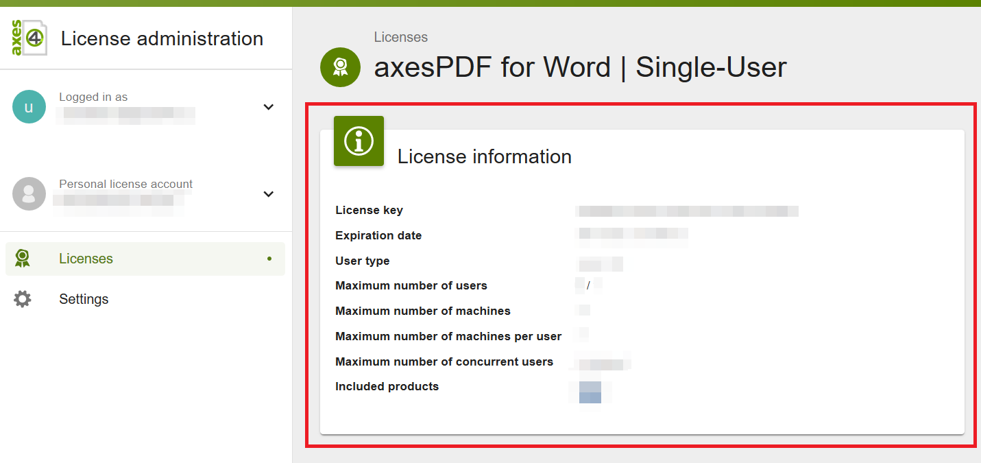 “License information” card for the selected license, outlined in red, showing license key, expiration date, user type, user and machine limits, and included products.
