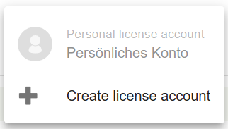 Open license account drop-down menu showing the personal license account and the option “Create license account”.