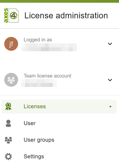License administration menu bar in the team license account with the menu options “Licenses”, “User”, “User groups” and “Settings”.