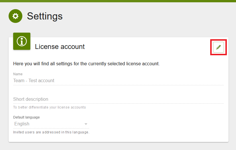 “License account” card in the settings showing name, short description and default language; the pencil icon for editing is outlined in red.