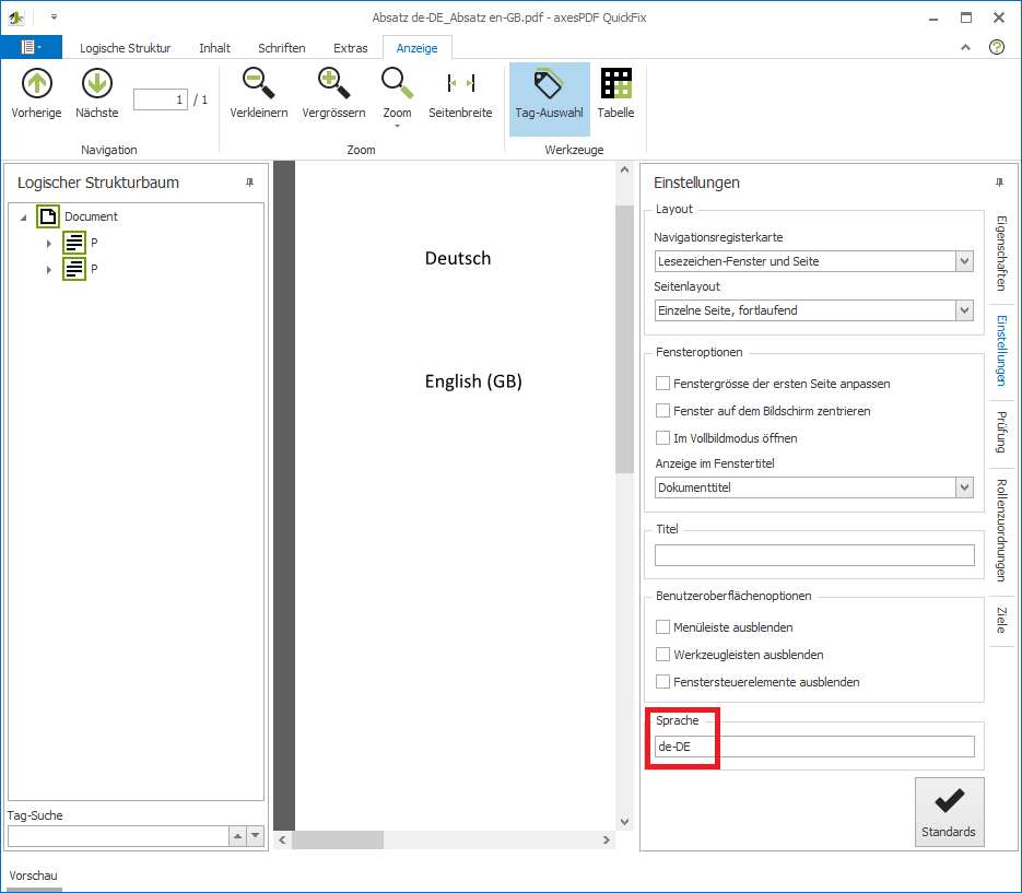 axesPDF QuickFix: Aufgabenbereich Einstellungen - Dokumentsprache